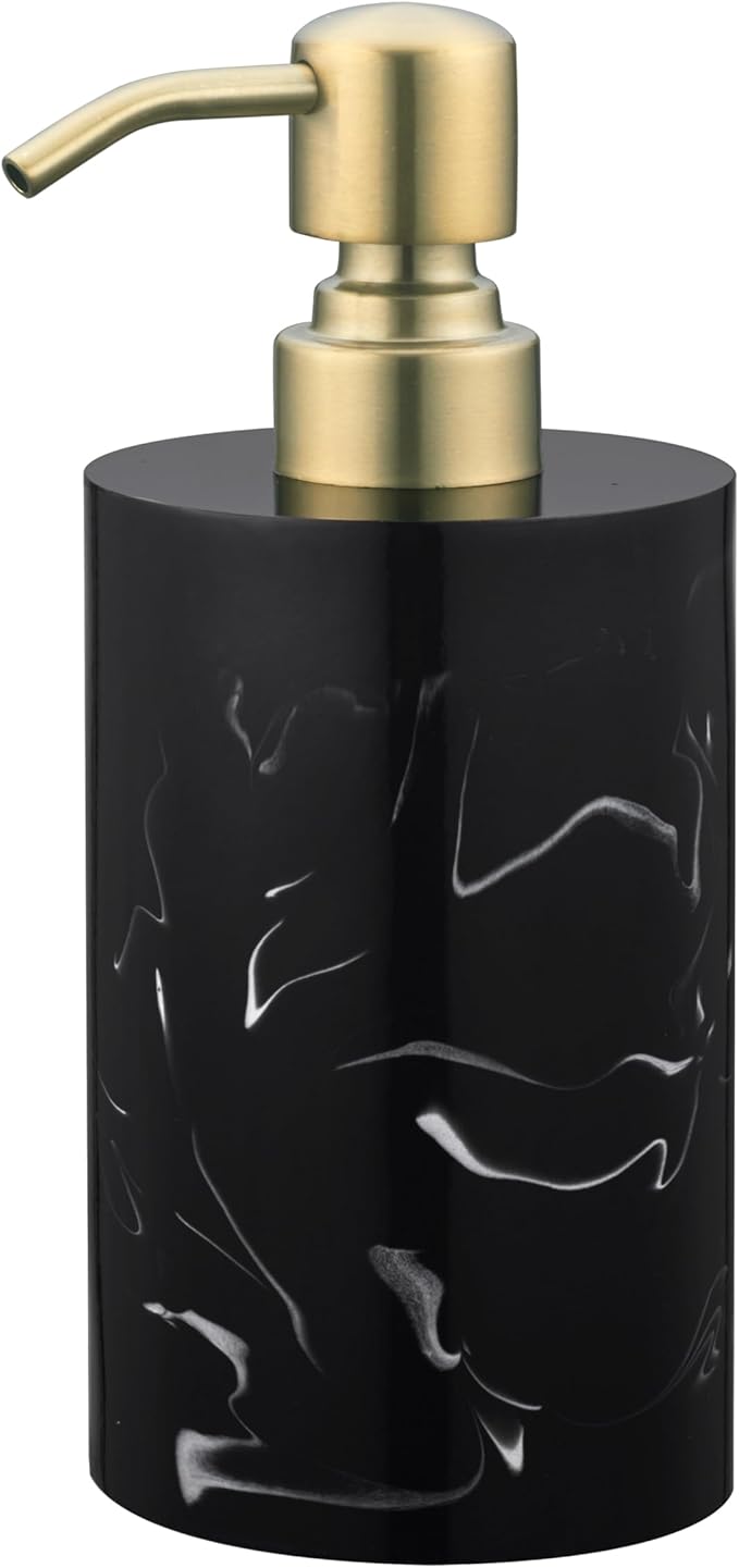 Soap Dispenser Countertop for Bathroom Kitchen, Liquid Hand Soap Dispenser 13.5oz Resin with Brushed Gold Stainless Steel Pump, Lotion Dish Soap Black Marble Bottle