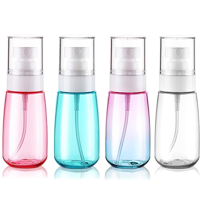 Cosywell Fine Mist Spray Bottles TSA Approved 2oz 60ml 4 Pack Leak Proof Fine Mist Spray Bottles Empty Plastic Refillable Mist Sprayer for Perfume Essential Oils Toners Rose Water Cosmetics(4Colors)