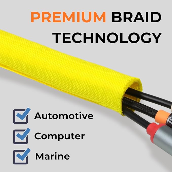 5/16 inch Split Braided Cable Management Sleeve for USB Cable Power Cord Audio Video Cable, Wire Loom Cord Protector from Cat Dog Chewing (Yellow, 25FT)