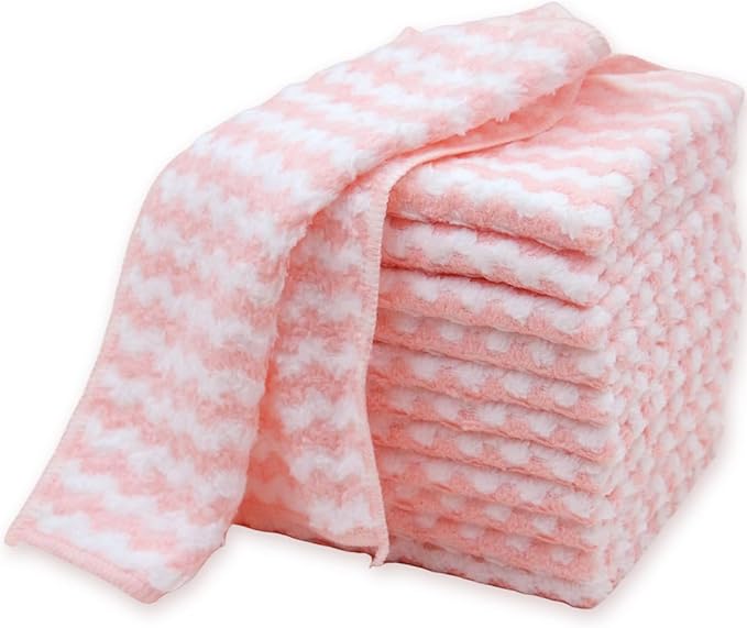 12PACK Soft Dish Cloths, Microfiber Cleaning Cloths: All-Purpose Washing/Lint Free/Absorbent/Quick Dry Reusable Washable Towels for Kitchen/Bathroom/Car/Glass, 10''x10'' (Pink)