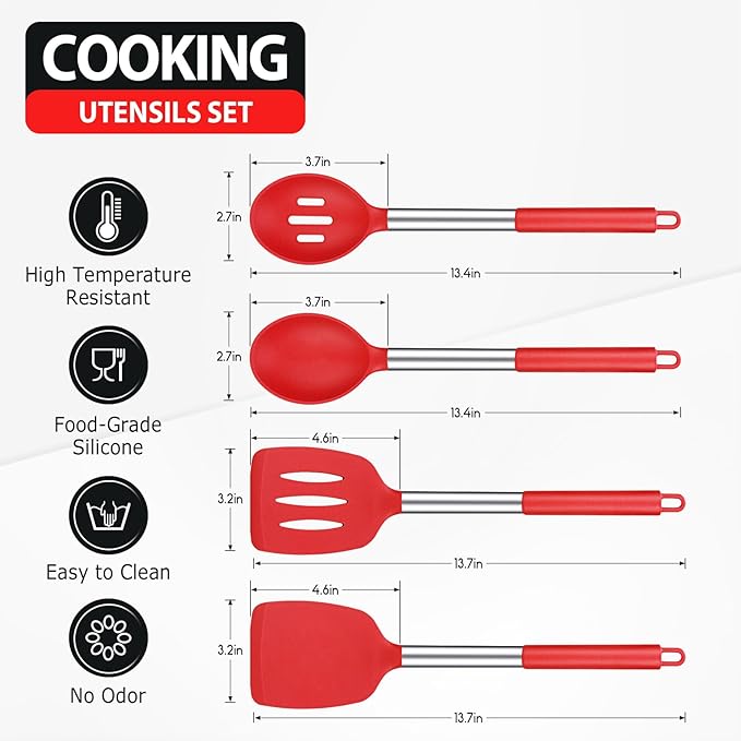 Pack of 4 Large Silicone Cooking Spatulas and Spoons, Slotted and Solid Stainless Steel Cooking Utensils Set, Non-stick Heat Resistant Kitchen for Baking, Fried, Stir-Fry, Mixing, Serving (Red)