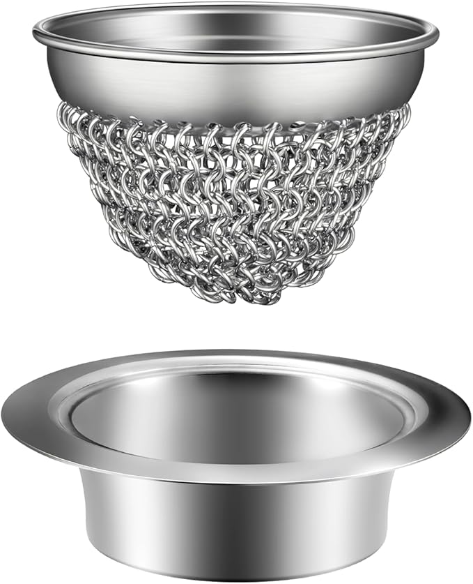 wokdada Kitchen Sink Strainer (1-Set Silver): with Adapter, Flexible Insert Chain Mesh Screen. 304 Stainless Steel, Clog-Free Catcher for Universal Sizes (Garbage Disposal)