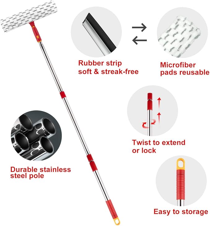 ITTAHO Squeegee for Window Cleaning, 12" Squeegee and 11" Microfiber Scrubber Combi with Stainless Steel Pole, Extendable Window Cleaner for Car