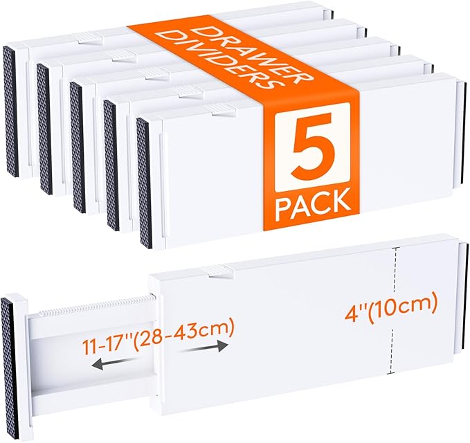 Lifewit 5 Pack 4" High Drawer Dividers 28-43.5cm/11-17" Adjustable Drawer Organizer for Clothes/Utensils
