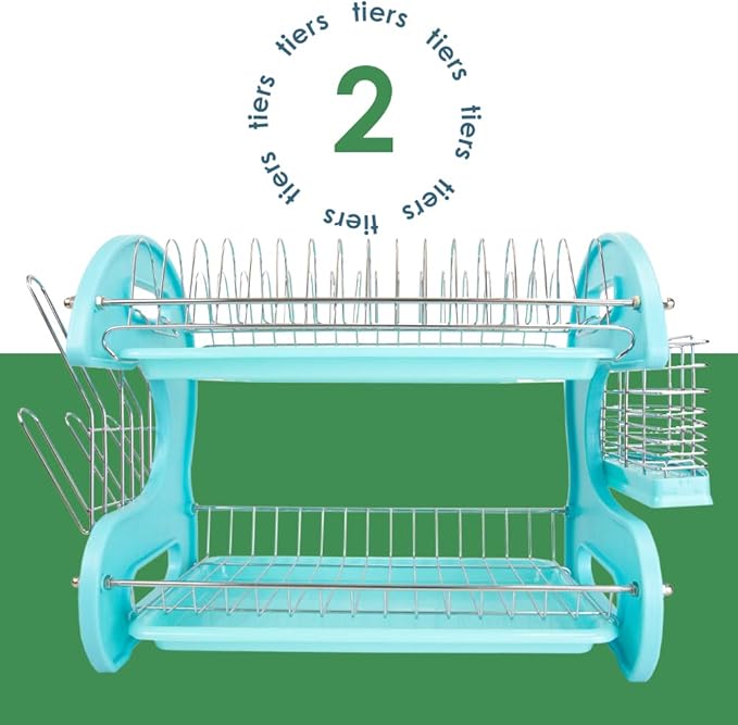 2 Tier Dish Drainer, by Home Basics (Turquoise) Dish Rack for Kitchen Counter, with Cutlery Holder and Cup Slots