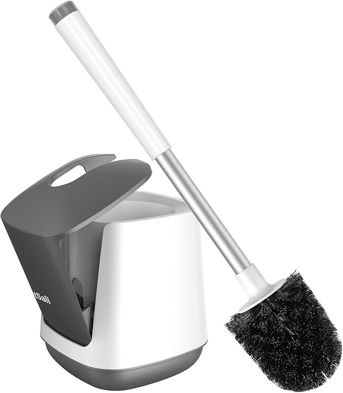 SetSail Toilet Brush and Holder, Self Closing Lid Toilet Bowl Brushes Holder and Extra Long Handle Ventilated Toilet Brush Set for Bathroom Cleaning, Nylon Bristles, White & Grey
