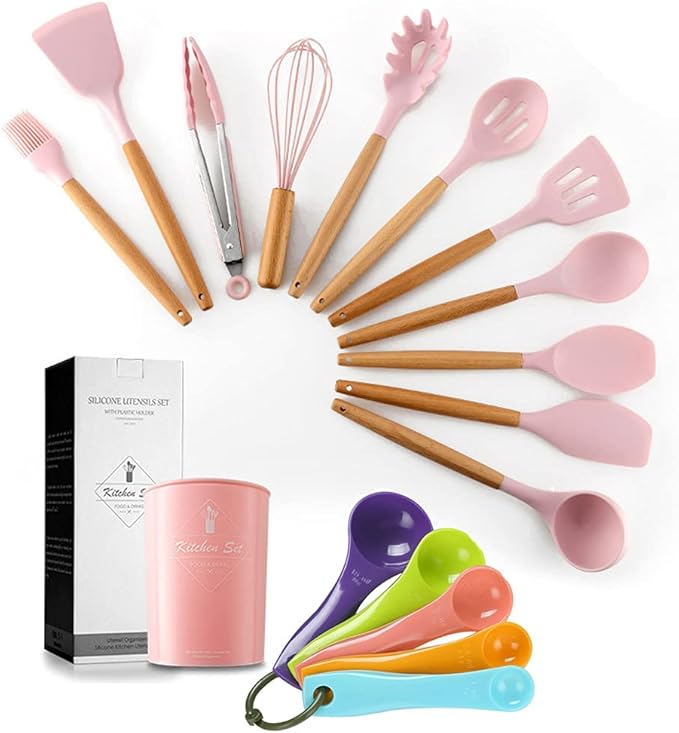 17PCS Silicone Utensils Set with Wooden Handle Heat Resistant Cookware Utensils Kit Easy To Clean Kitchenware Kitchen Tools for Non-Stick Cookware - Pink