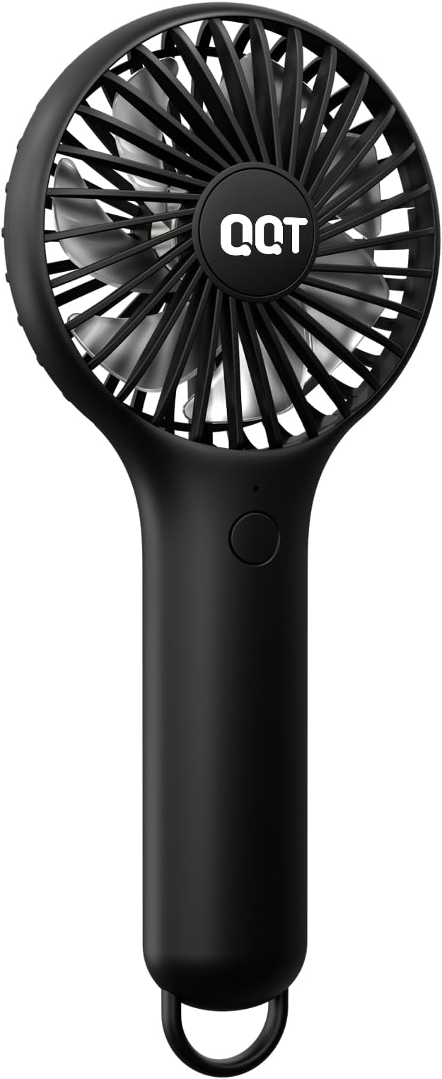 QQT Mini Handheld Fan, Small Personal Cooler with 3 Speeds, Portable Battery Operated, USB Rechargeable Makeup Eyelash Dryer, Strong Airflow for Travel, Office, Outdoor, Women, Men, and Kids(Black)