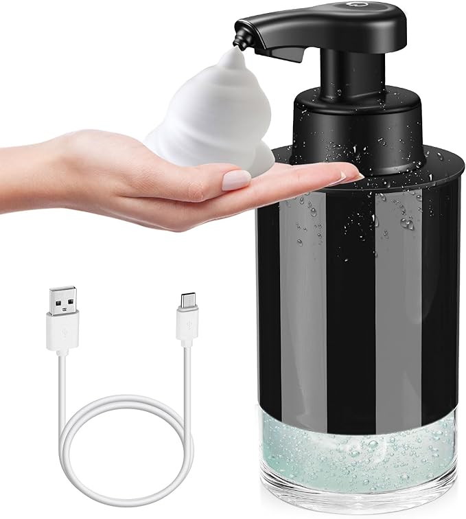 Automatic Foaming Soap Dispenser Touchless Hands-Free: Black Modern Smart Electric Sensor Clog-Free Design for Kitchen & Bathroom, Easy for Kids, Modern Acrylic