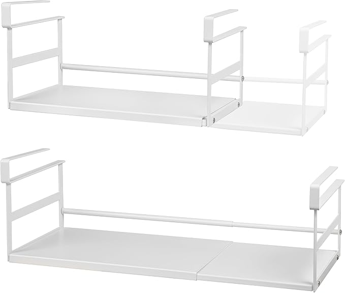 Expandable Under Shelf Storage Basket, 2 Pack Hanging Baskets Under Cabinet Shelf Organizer, Add-on Space Saver Kitchen, Pantry, Laundry Room, Heavy-Duty Slide-in White Higher & Wider Size