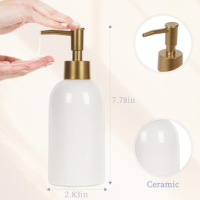 Natheeph 14OZ Ceramic Soap Dispenser Ceramic Soap Pump Dispenser Can Fill Liquid for Bathroom/Kitchen (2PC White)