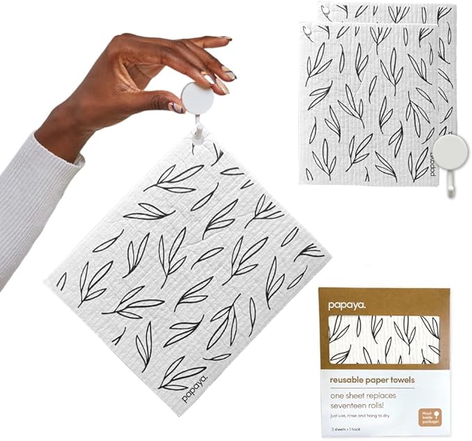 Papaya Reusable Paper Towels, Premium Swedish Dishcloths with Hook, Non-Scratch Reusable Paper Towel, 1 Sheet Replaces 17 Rolls - 2 Sheets, 1 Hook