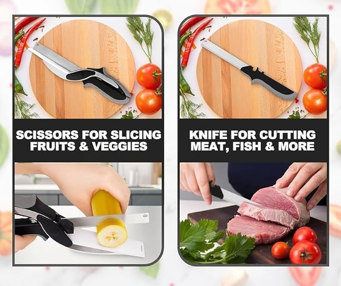 Professional 2-in-1 Kitchen Smart Cutter – Stainless Steel Vegetable Scissors & Food Chopper with Built-in Cutting Board – Multi-Function Slicer for Fruits, Veggies, Cheese, and Meat