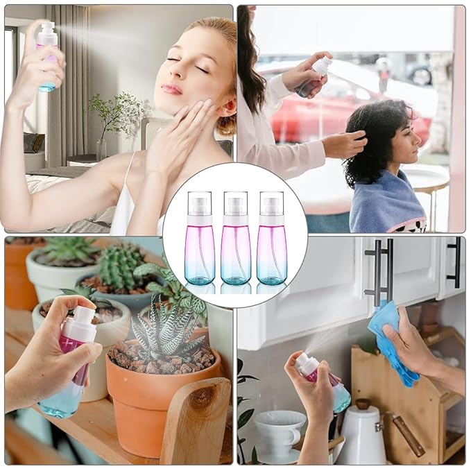 Cosywell Fine Mist Spray Bottles TSA Approved 3.4oz 100ml 3 Pack Leak Proof Travel Spray Bottle Empty Small Spray Bottles for Perfume Essential Oils Toners Rose Water Cosmetics (3Gradient Pink Blue)