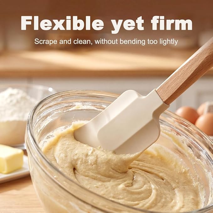 5 Pcs Silicone Spatula Set, Nonstick Rubber Spatulas with Wooden Handle, Soup Spoon Scraper, Jar Scraper for Cooking, Baking, Mixing, Frosting(COLOR:White)