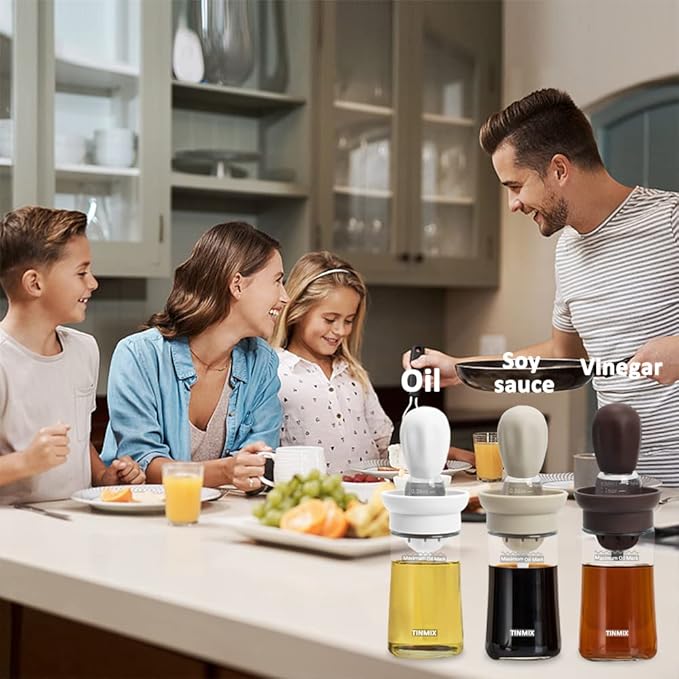 TINMIX Oil Dispenser with Brush - 2 IN 1 Glass Olive Oil Dispenser for Cooking, Upgrade T-OB21S Oil Dispensing Bottle with Silicone Basting Brush for Vinegar Sauce BBQ Grill Frying Kitchen, Brown