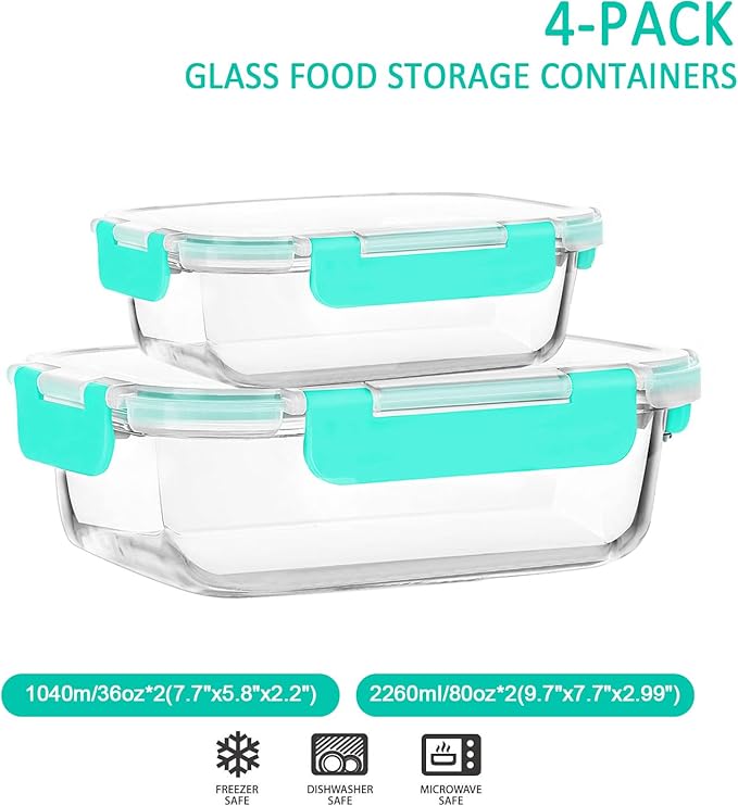 [80 oz & 36 oz]Extra Large Glass Food Storage/Baking Containers Set with Lids, 2 Pack 80 oz(10 cup)&2 Pack 36 oz (4.5 cup)Airtight Glass Container