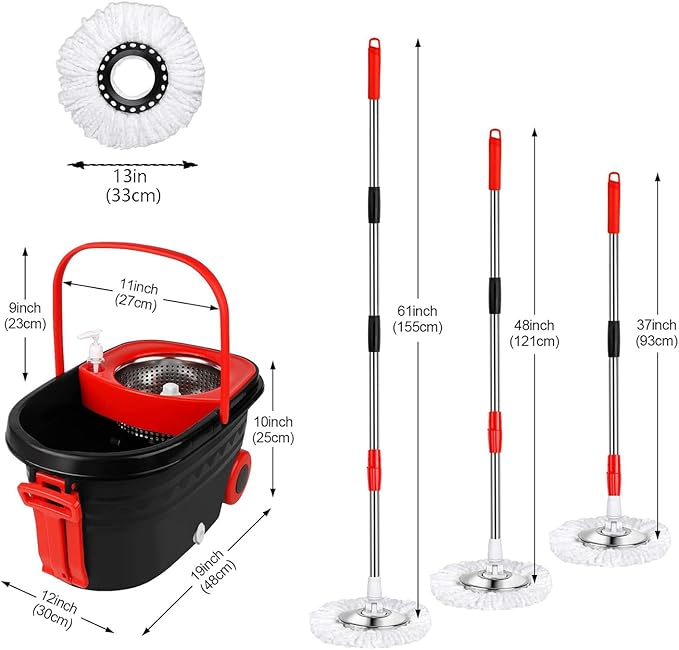 Mop Bucket with Wringer On Wheels,360°Spin Mop and Bucket,with Stainless Steel Handle and 3 Microfiber Mop Replacement Heads(25QT)