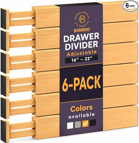 6-Pack Drawer Dividers - 2.6 Inches High, Adjustable 16 to 22 Inches Bamboo Drawer Organizer, Large Expandable Separator for Clothes, Dresser, Bedroom, Bathroom, Baby, Office, Kitchen Utensil Storage