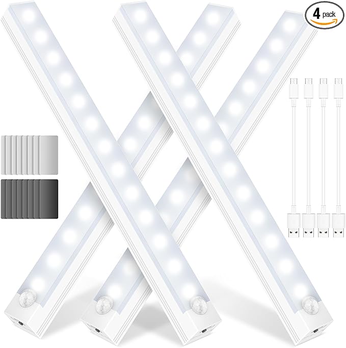 Under Cabinet Lights - Motion Sensor Light Indoor for Pantry, Closet, Kitchen, Bathroom - Battery Operated Magnetic Cabinet Lighting with Auto Off-4 Pack (White Light)