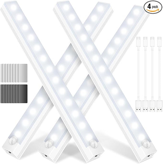 Under Cabinet Lights - Motion Sensor Light Indoor for Pantry, Closet, Kitchen, Bathroom - Battery Operated Magnetic Cabinet Lighting with Auto Off-4 Pack (White Light)