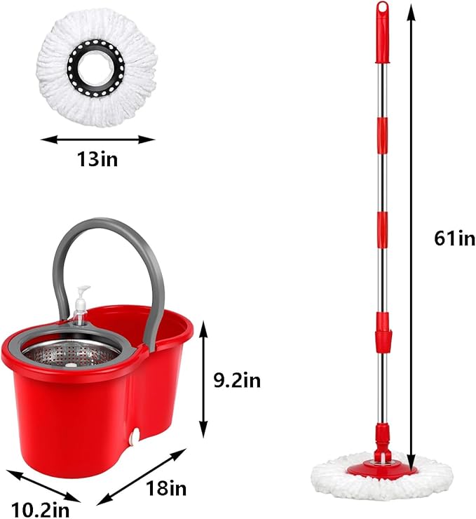 Spin Mop and Bucket Set with Wringer,360° Spinning Mop,for Floor Cleaning,with Adjustable Handle and3 Microfiber Mop Replacement Heads (Red)