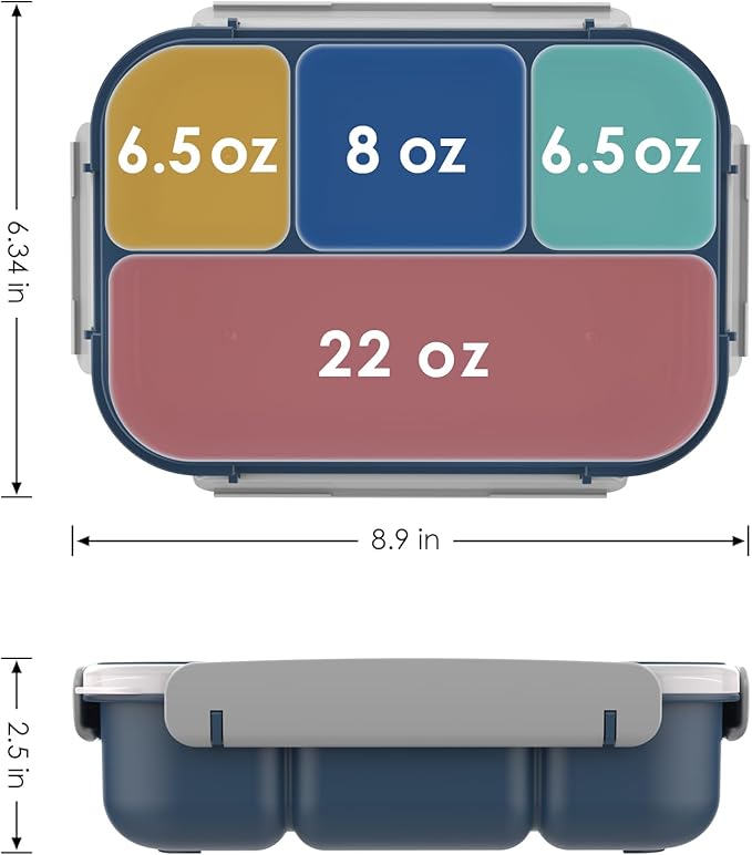 WHALEHOUSE Bento Lunch Box, 1300ML 4 Compartments Meal Prep Container with Utensil, Airtight Food Storage Container with Snap Locking Lids, Microwave/Dishwasher/Freezer Safe, On the Go