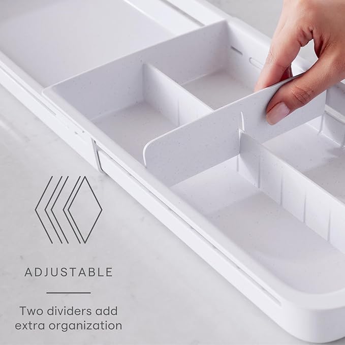 YouCopia DrawerFit Sliding Drawer Tray with Adjustable Dividers, Expandable Kitchen Storage Organizer, Speckled White
