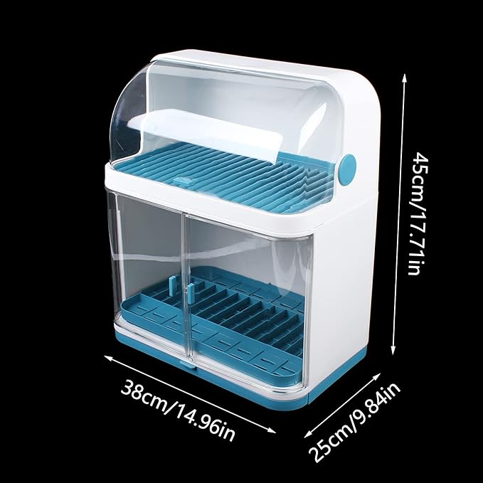 2 Tier Dish Drying Rack, Drain Board with Lid Plastic Dust Cover, Kitchen Plate Cup Dish Drying Rack, Tableware Storage Box Dishes Drain Shelf Rack Closed Holder for Home Using