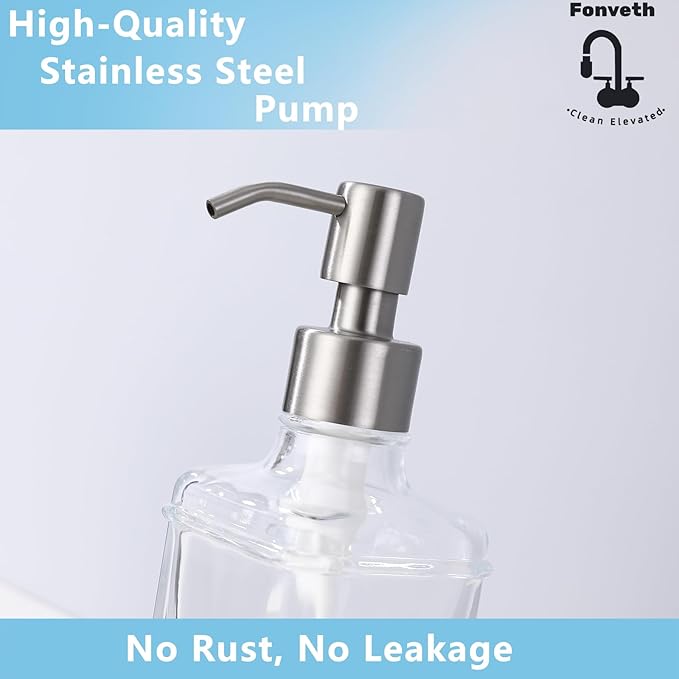 Clear Glass Soap Dispenser with Brushed Nickel Pump, 10 OZ Rectangle Glass Bottle with Stainless Steel Pump Refillable Liquid Hand Soap Dispenser Square Slim for Bathroom Kitchen