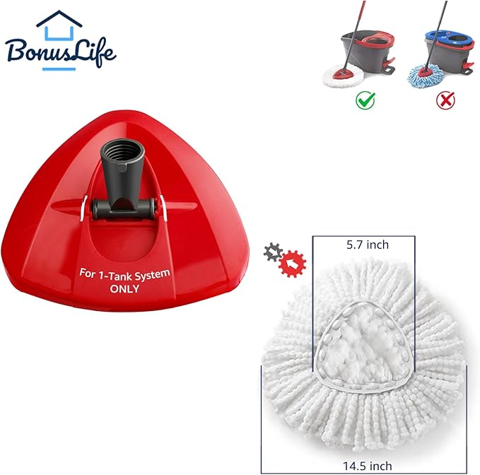 BonusLife Replacement Part Set for Oceda EasyWring Spin Mop 1-Tank System Only, 1 Handle, 1 Base, 4 Refills