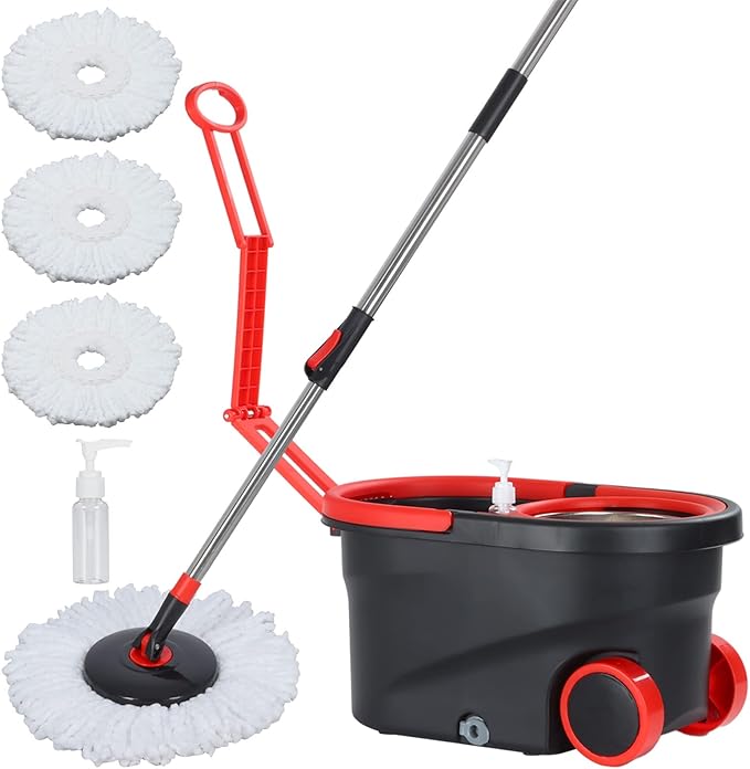 Mop and Bucket Set, 360° Spin Mop and Bucket with Wringer Set and 3 Microfiber Mop Refills, Stainless Steel 61'' Extended Handle Spinning Mop Bucket System for Floor Cleaning
