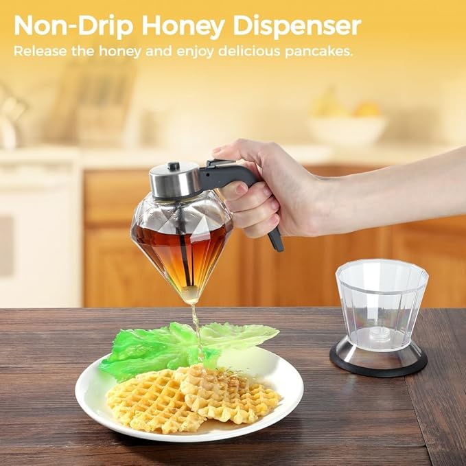 200ml Honey Dispenser with Stand, Premium No Drip Design Syrup Dispenser, Elegant Diamond Shape with Stainless Steel Top Glass Honey Dispenser, for Maple Syrup, Cooking Oil, Seasonings