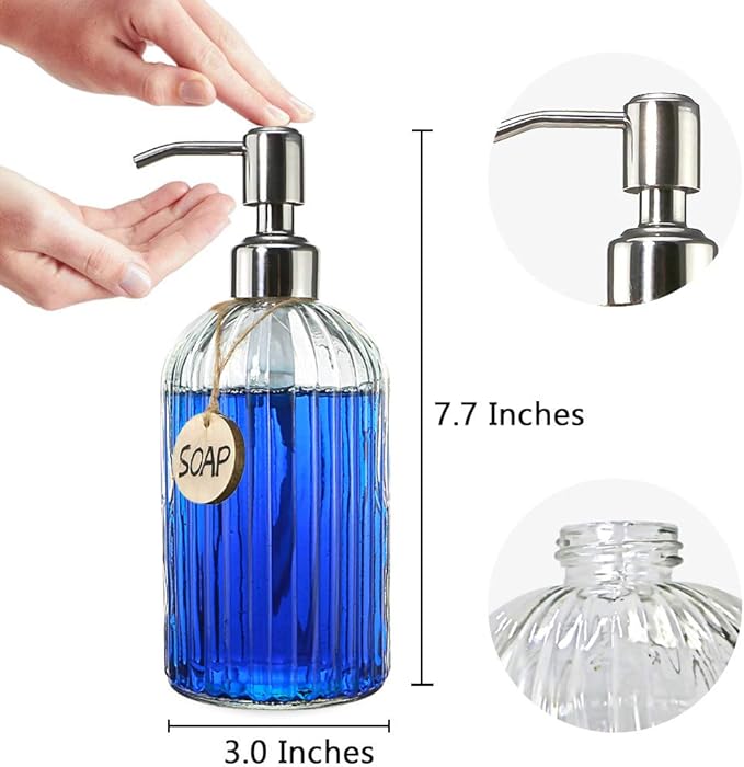 JASAI 18 Oz Clear Glass Soap Dispenser with Rust Proof Stainless Steel Pump, Refillable Liquid Hand soap Dispenser for Bathroom, Premium Kitchen Soap Dispenser (Clear).