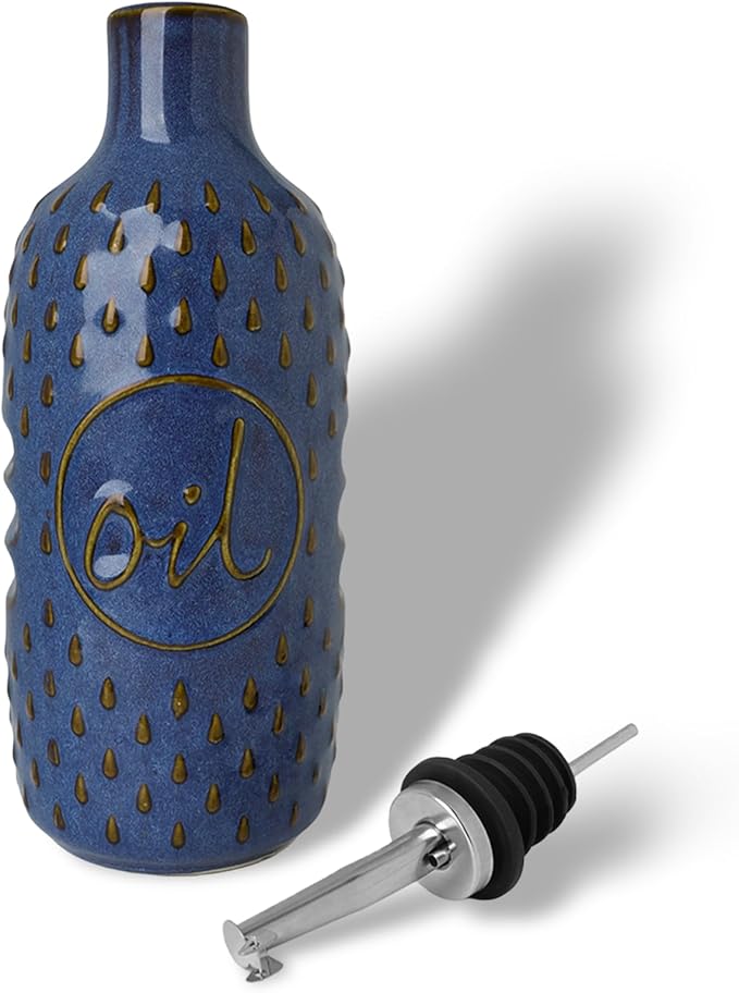 GDCZ Ceramic Olive Oil Dispenser Bottle, 13 Oz Relief Opaque Oil Cruet, Oil Dispenser for Kitchen Counter, for Storage Oil, Vinegar, Soy Sauce, Coffee Syrup, Liquids (Blue)