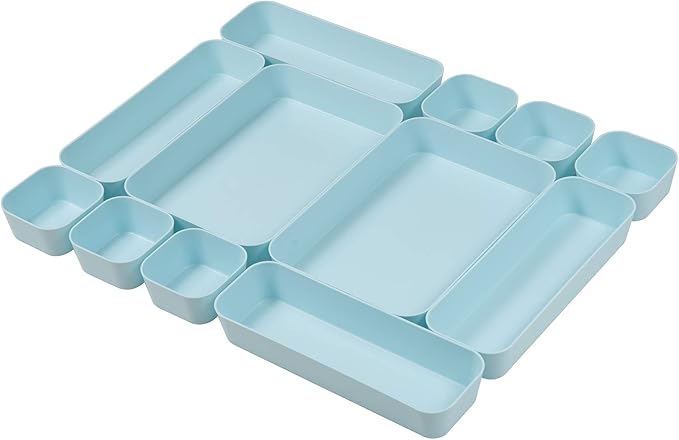 Set Of 12 Blue Color Plastic Desk Drawer Organizers For Makeup Bathroom Office