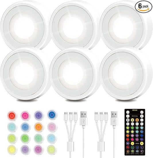 EZVALO LED Puck Lights, 6Pack Rechargeable Battery Touch Light, 2.5'' Mini Tap Lights, Wireless Closet Light, Under Cabinet Lighting, 3 Color & 83 RGB, Stick On Lights for Kitchen,Pantry,Shelves