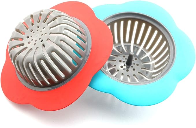 2-Pack Plastic Sink Strainer Kitchen Bathroom Tools Flower Shaped Anti Blocking Sink Drains Cover Filter 11.5x3.9cm (Blue + Red)