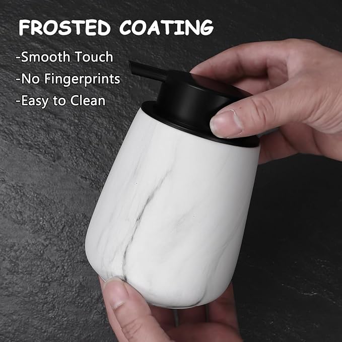 12Oz Ceramic Liquid Soap Dispenser - Modern Lotion Hand Soap Dispenser with Easy-to-Press Black Pump, Reusable and Refillable Dish Soap Dispensers for Bathroom & Kitchen, Marble White