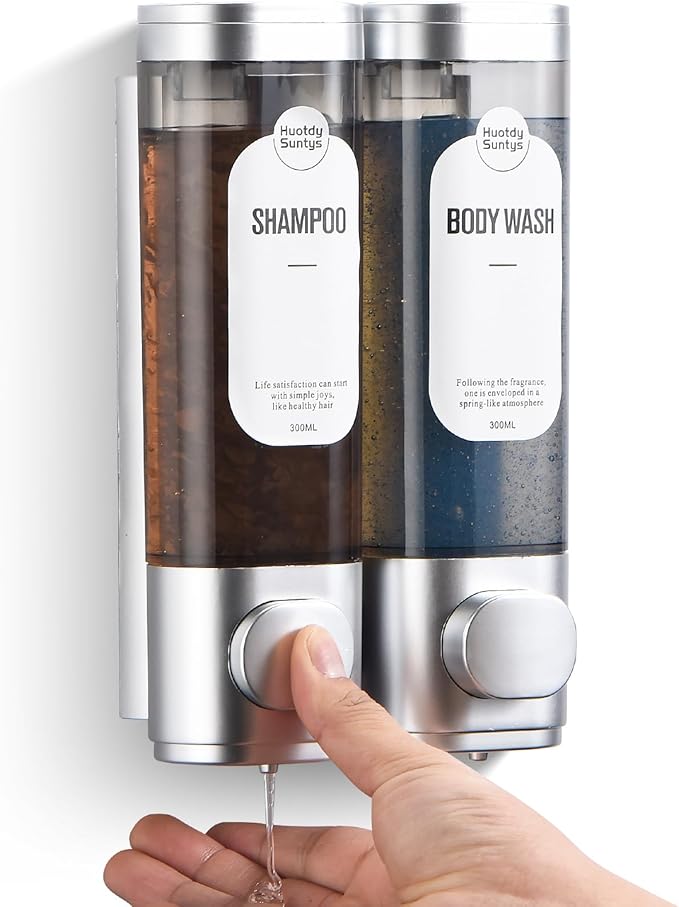 Shampoo and Conditioner Dispenser, Refillabe Shower Soap Dispensers 2 Chamber No Drill Shampoo Dispenser for Shower Wall Mounted 2 * 300ml Container for Bathroom Hotel (Sliver 2 Chamber)