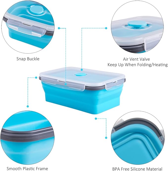 Collapsible Food Storage Containers with Airtight Lid & Air Vent, 40.5 oz, Kitchen Stacking Silicone Collapsible Meal Prep Container Set for Leftover