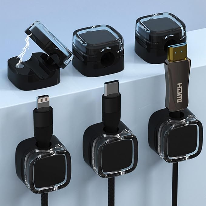 IFNOW 6 Pack Magnetic Cable Clips Cord Organizer Black Self Adhesive Cord Holder Under Desk Cable Management for Home, Office, Car,Desk, Nightstand