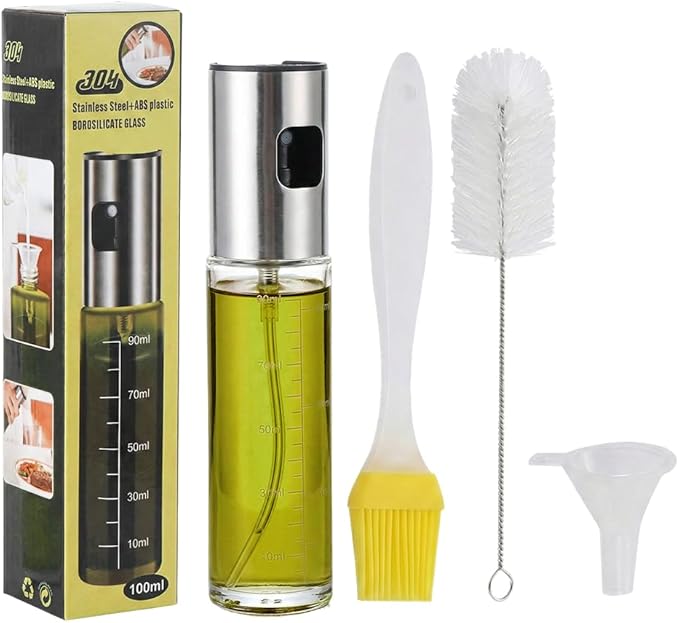 Oil Sprayer for Cooking,Olive Oil Sprayer,3.38 Oz/100ml,Press Oil Spray Pot with Scales,304 Stainless Steel Glass Oil Spray Bottle for Salad, Baking, BBQ, Air Fryer Accessories (1 Bottle with tools)