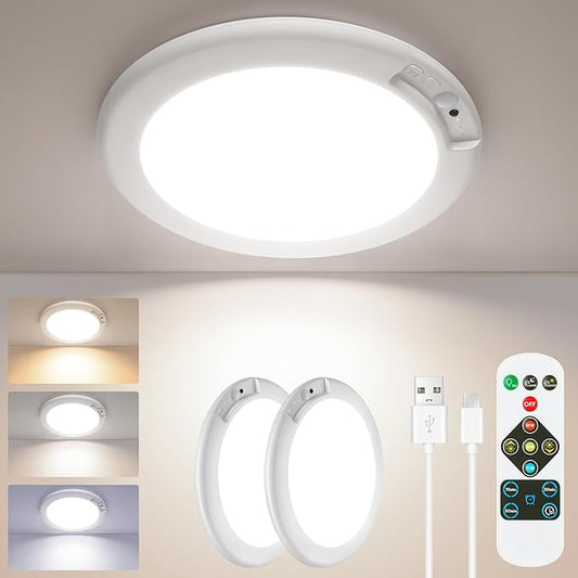 SunRider 2-Pack Rechargeable Motion Sensor LED Ceiling Light with Remote, Wireless Battery Operated 3CCT Dimmable Closet Lights for Shower Pantry