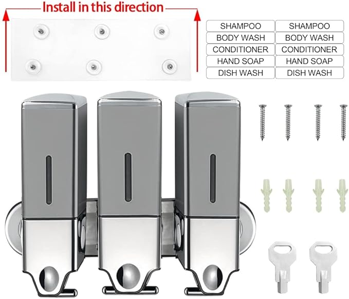 No-Drill 3 Pack 500ml Wall Mounted Soap Dispenser for Bathroom and Kitchen, Shampoo and Conditioner Dispenser Drill Free with Adhesive(Square-Grey)
