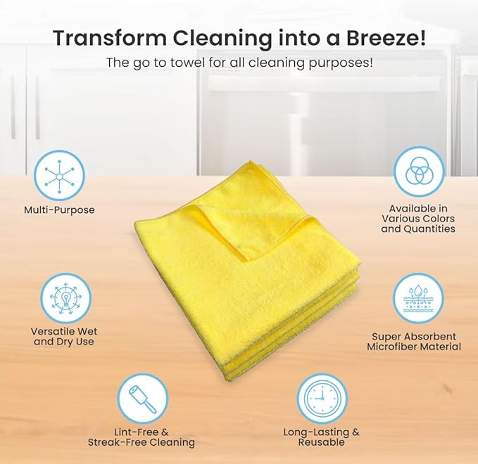 A&A Wiping Cloth- Microfiber Cleaning Towel, Super Absorbent Yellow Microfiber Towels, Perfect for House, Cars, Windows, Gym and Office, Yellow Microfiber 16x16 Towels, Pack of 180 Pieces