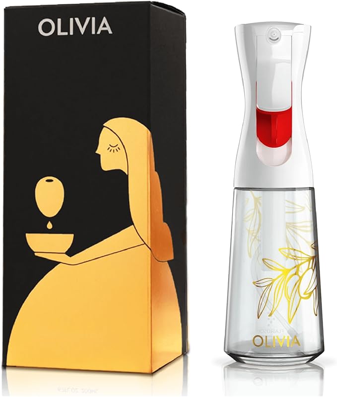 OLIVIA Oil Sprayer for Cooking, 200ml Glass Olive Oil Sprayer, Continuous Cooking Spray Bottle with Portion Control, Olive Oil Dispenser for Kitchen, Air Fryer, Salad, BBQ (Golden Leaves)
