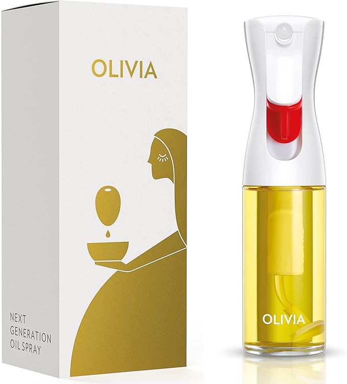 OLIVIA. The Original Advanced Oil Sprayer for Cooking, Salads, BBQs and More, Continuous Spray with Portion Control, Trusted by Chefs. Patented Technology. (Glass Bottle) (White Print)