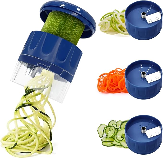 3 in 1 Vegetable Spiralizer Slicer, Adjustable Zucchini Carrot Noodle Maker, Cucumber Spiral Cutter, Easy to Use Kitchen Tool（Blue）