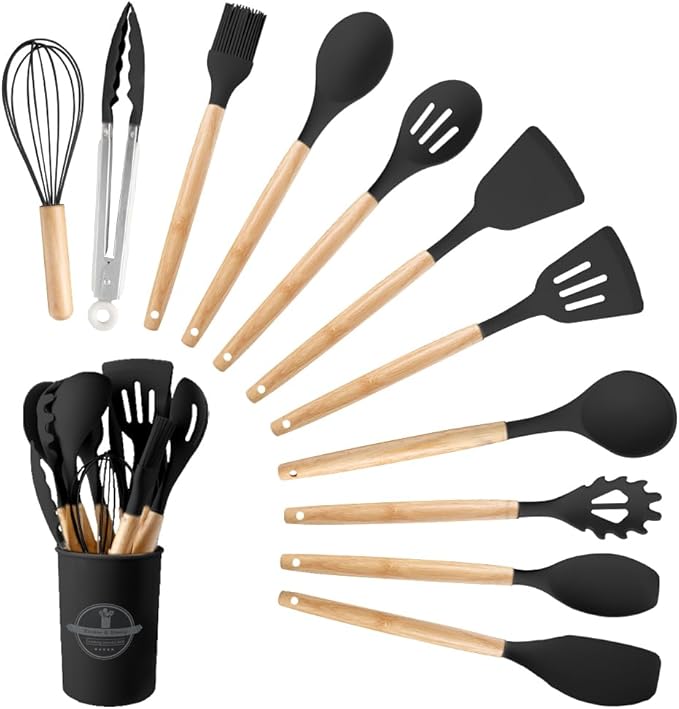 Silicone Cooking Utensils Set, 12Pcs Large Heat Resistant Kitchen Utensils, Turner Tongs, Spatula, Spoon, Wooden Handle Kitchen Gadgets with Holder for Nonstick Cookware, Dishwasher Safe (Black)